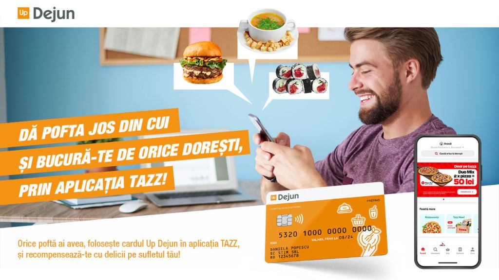 Doua vesti bune pentru clientii si beneficiarii Up Romania: valoarea nominala a cardului de masa Up Dejun a crescut la 30 de lei si permite plata comenzilor in aplicatia Tazz